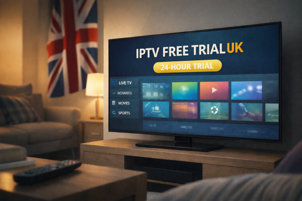 IPTV free trial UK streaming dashboard on smart TV in modern British home