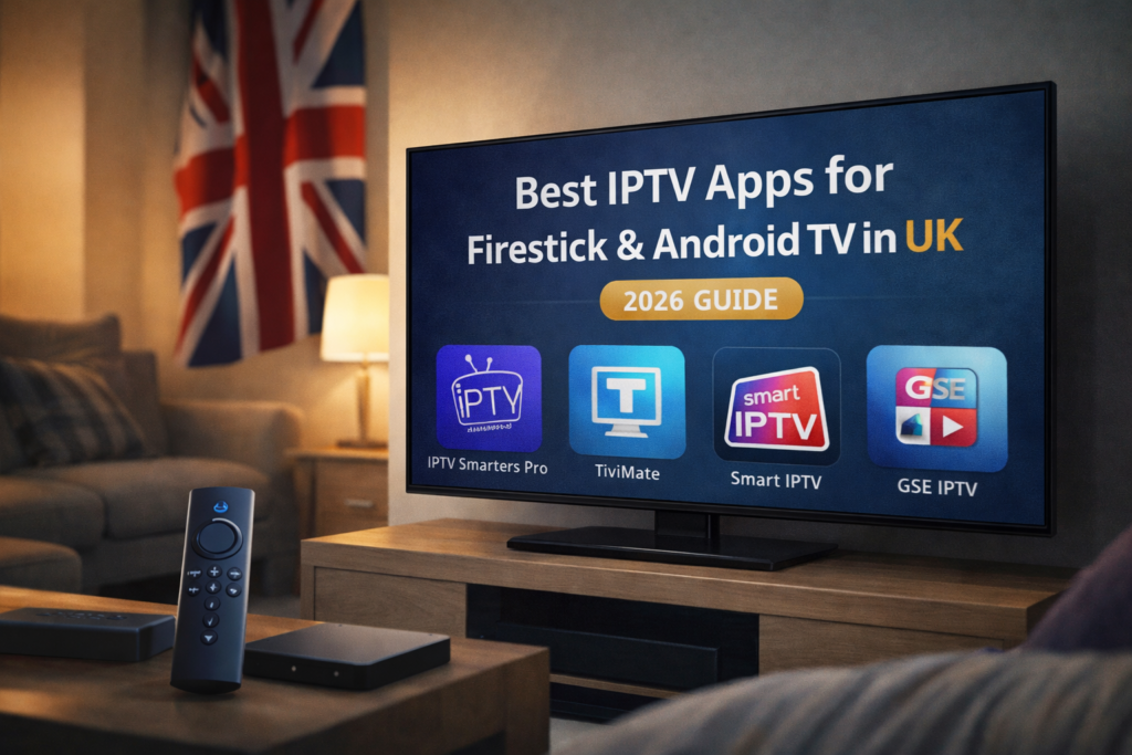 Best IPTV apps UK displayed on smart TV including IPTV Smarters Pro and TiviMate for Firestick and Android TV setup