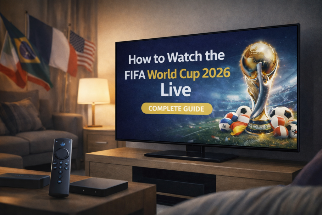 FIFA World Cup 2026 live streaming guide showing football match on TV with streaming setup and global viewing experience