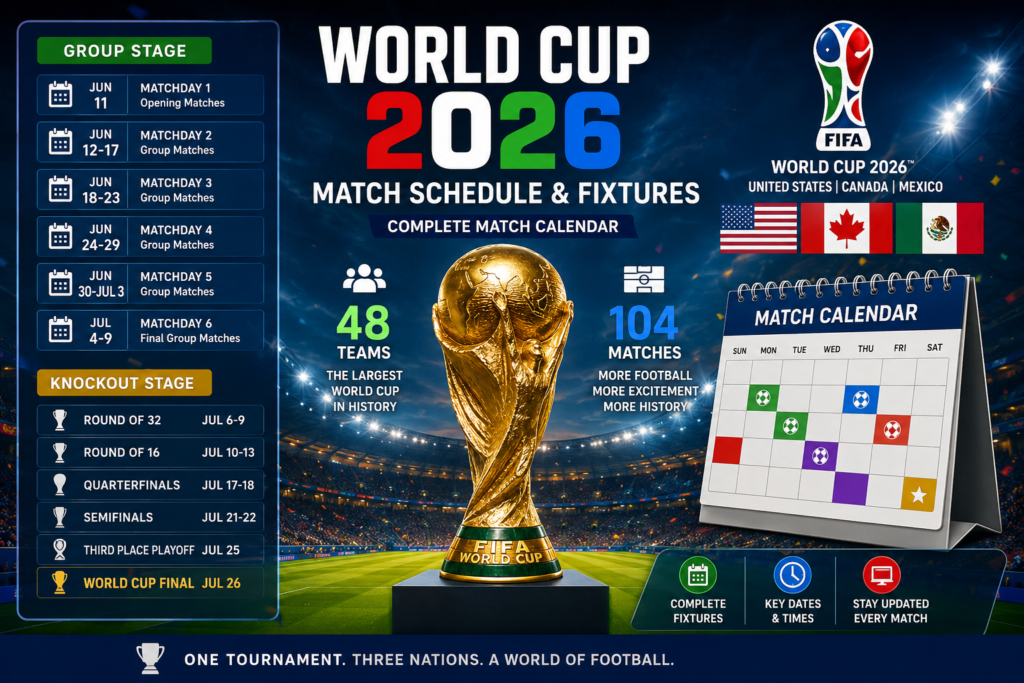 FIFA World Cup 2026 football schedule featuring match fixtures tournament calendar and stadium graphics