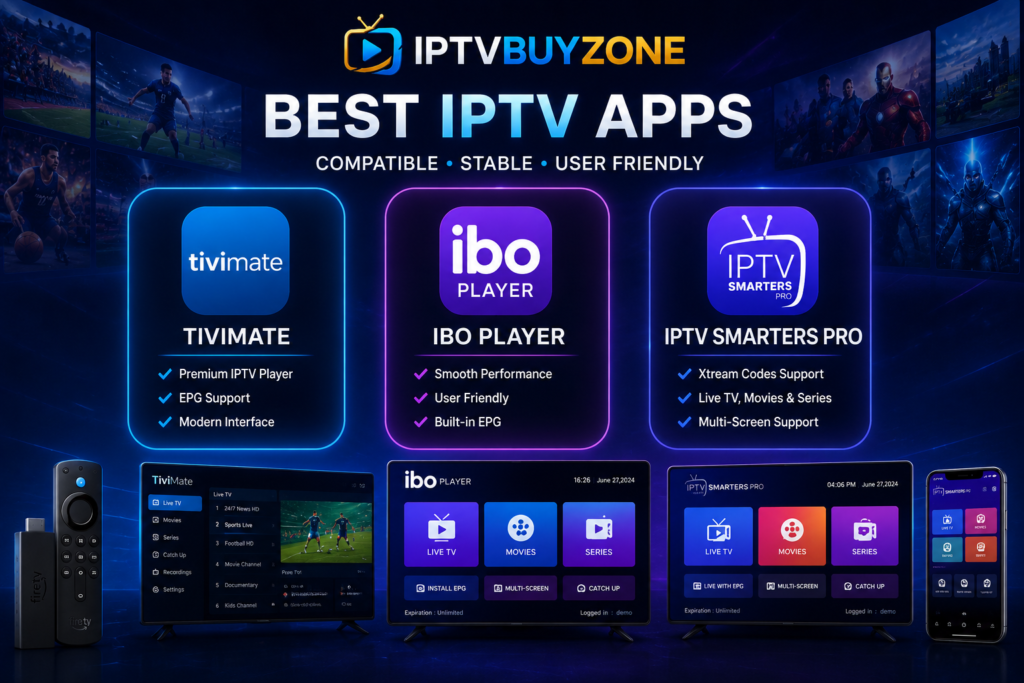 Best IPTV apps in 2026 including TiviMate, IBO Player, and IPTV Smarters Pro for streaming live TV, sports, movies, and series.